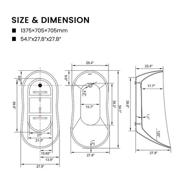 Vanity Art 54" X 28" White Acrylic Freestanding Bathtub Bed Bath